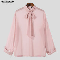 Medussa INCERUN เสื้อผ้าชีฟองสีทึบผู้ชาย,เสื้อดูผ่านริบบิ้นเสื้อแขนยาว (สไตล์ตะวันตก)