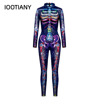 IOOTIANY 7สี3D กะโหลกโครงกระดูกพิมพ์บอดี้สูทฮาโลวีนเครื่องแต่งกายสำหรับผู้หญิงชุดแฟนซีชุดเสื้อผ้าผู้ใหญ่สูท S-XL