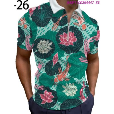 Men Flower Pattern 3D Printing Lapel Zipper Loose Short-Sleeved Polo Shirt Top