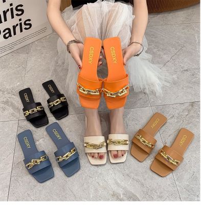 Hot sell New Women Slipper Sandals Square Toe Large Chain Flat-bottomed Slippers Summer Womens Shoes Casual Beach Flip Flops 35-42