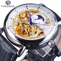 ForXining นาฬิกากลไกอัตโนมัติสำหรับผู้ชายหนัง Moonphase สีน้ำตาลแฟชั่นบลูหน้าจอสีขาวทองหรูหรากันน้ำ