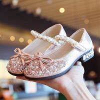 Girls Solid Color Rhinestone Shiny Beaded Performance Princess Shoes Childrens Low Heel Bow Little LeatherTH