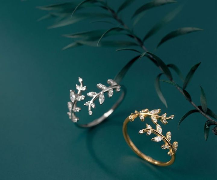 แหวนแต่งงานใบต้นไม้เพทายหรูหราสำหรับเครื่องเพชรงานหมั่นผู้หญิง-ring2022นิ้วเปิดคริสตัลสีขาวแบบปรับได้