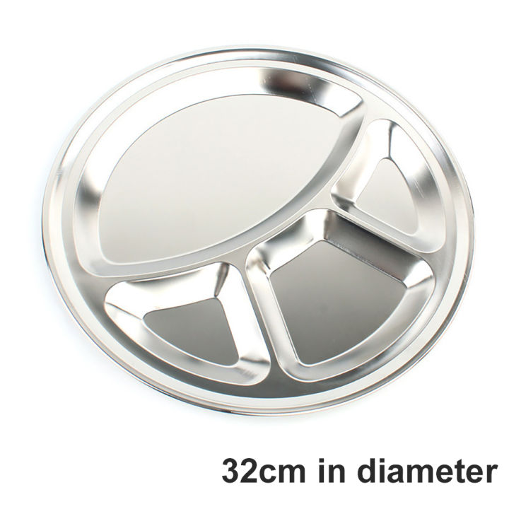 stainless-steel-4-grids-divided-dinner-plate-dish-round-students-grid-lunch-tray-food-feeding-bowl-childrens-anti-drop