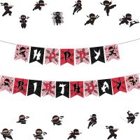 Ninja Happy Birthday Banner for Boys Red Black Ninja Warrior Birthday Garland Anime Fans Theme Birthday Party Supplies Banners Streamers Confetti