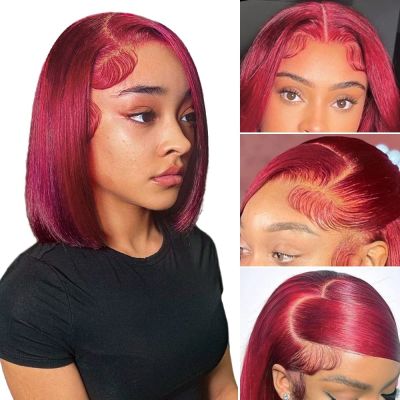 【jw】✱✢ 150 99J Burgundy Short Bob Wig 13X4 Front Human Hair Highlighted Colored T Part