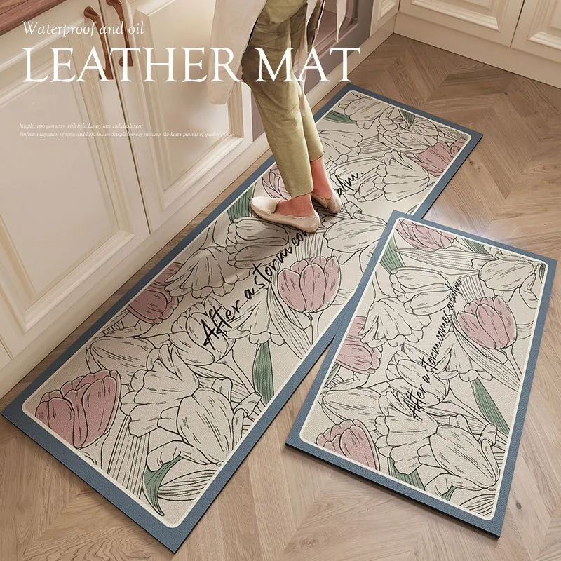 Long Kitchen Mat PU Leather Floor Mats Waterproof Oil Proof Non-slip PVC  Carpet Home Balcony Corridor Decor Entrance Doormat