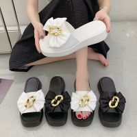 Thick flat simple fashn sls and slippers for women 22 summer an sle outse sqre toe word bea sls h bow wedge