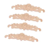 4pcs 20*5cm Rubber wood Carved Long Onlay Applique Unpainted Rose Flower Door Home Decor European Style