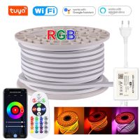 Tuya ไฟแถบนีออน LED อัจฉริยะ220V RGB ยืดหยุ่นได้ริบบิ้น5050 SMD กันน้ำใช้งานได้กับ Alexa Google