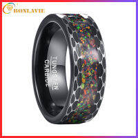 BONLAVIE Black Edge Batch Flower Brushed Inlaid Opal Mens Tungsten Carbide Ring Black Carbon Bague Homme for Mariage Wedding Jewelry