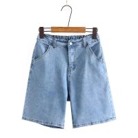 【มีไซส์ใหญ่】Plus Size Womens Elastic Waist Denim Shorts Solid Color Simple about to Knee Shorts with Pockets