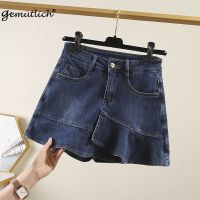 【LLRY】GEMUTLICH Celana Pendek Denim ฤดูร้อนกระโปรงขนาดใหญ่ผู้หญิงเอวสูงกางเกงยีนส์แต่งจีบกระโปรงลำลองแนวไม่สม่ำเสมอขนาด40