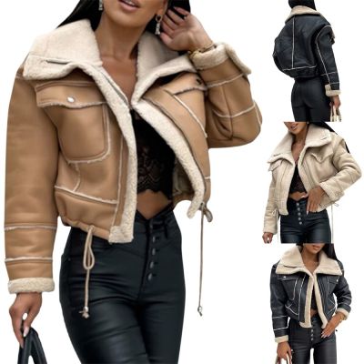 Women PU Patchwork Warm Plush Jacket Fashion Winter Long Sleeve Zipper Short Coats Streetwear With Pockets Outwear