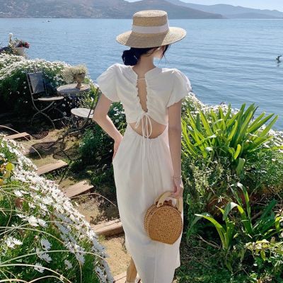 Sanya tourism clothes seaside holiday beach skirt to show thin super fairy long backless dress hubble-bubble sleeve waist dress