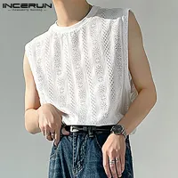 [Perfectly] INCERUN Mens Floral Vests Shirt Sleeveless See Through Blouse Tank Tops Tee(Korean Style)