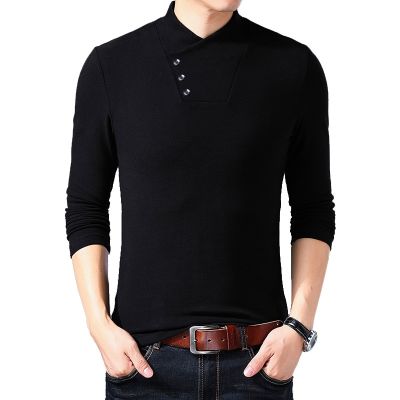 HOT11★BROWON Spring Fashion Slim Fit T Shirt Men Cotton Tshirt Men Long Sleeve Irregular Collar Solid Color Men Clothes 2023