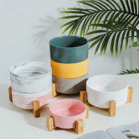 Ceramic Bowl Double with Wood Stand No Spill Cute Supplies for Cat Dog Puppy Accessories Food Water Bowl Feeder