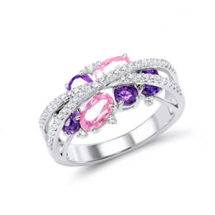แหวนเพทายสีชมพูสีฟ้ารูปตัว-x-สวยสำหรับผู้หญิงโรแมนติกมีสีสันหรูหราวันครบรอบแหวนหมั้นสำหรับภรรยา