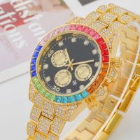 【Hot seller】 A Korean style fashion diamond-encrusted colorful luxury steel belt two colors dial quartz three-eye six-hand wrist watch