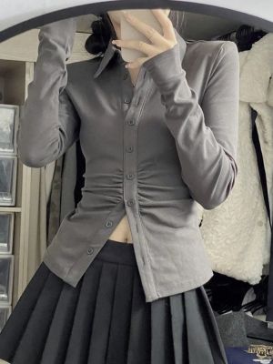 เสื้อจับจีบแขนยาว Y2k สีเทาแบบผอมเสื้อเชิ้ตแบบเซ็กซี่เสื้อสตรีสำนักงาน MODE Korea เก๋ไก๋สง่างามใหม่