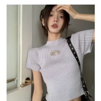 Knitted Y2K Top Womens Half High Neck Short Sleeve Top Fashion Slim Fit High Grade Shoulder Short Top T-shirt