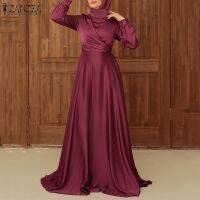 ZANZEA Women Muslim O-Neck Party Solid Satin Lace-Up Elegant Full Sleeve Casual Holiday Swing Maxi Dress