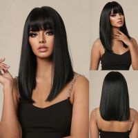 【LZ】✔♙✉  Straight Black Bob Synthetic Wig with Bangs Medium Long Cosplay Layered Wigs for Woman Natural Hair Daily Wig Heat Resistant