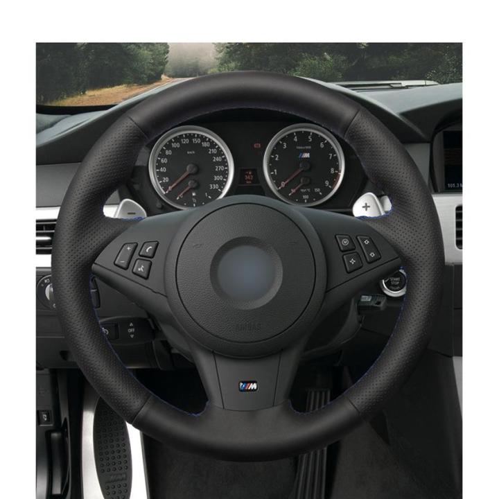 ปกสำหรับ-bmw-พวงมาลัยรถยนต์ประดิษฐ์สีดำเย็บด้วยมือ-e63-e60-e64-cabrio-m6อุปกรณ์เสริม2005-2010ชิ้น