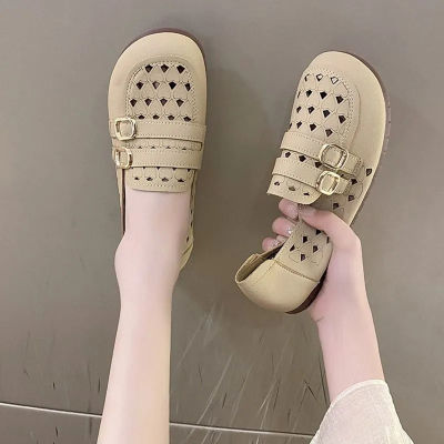 Baotou Soft Sole Hole Shoes for Womens Autumn 2023 New Breathable Moms Shoes with Hollow Belt Buckles for Womens Flat Sole Single Shoes