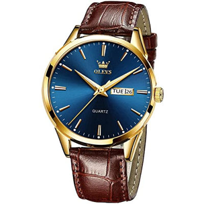 OLEVS Watches for Men Brown Leather Gold Case Analog Quartz Fashion Business Dress Watch Day Date Luminous Waterproof Casual Male Wrist Watches Red brown band &amp; blue dial