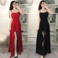 New Summer Irregular Side Split Maxi Long Dress Pure Color Black Red Wedding Evening Party Dress Sexy Slash Neck Suspender Dress