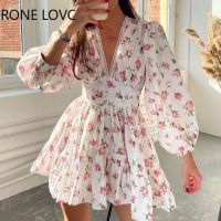 Women Floral V neck Puff Sleeve Lace Sweet Short Dress