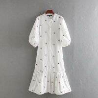 【YF】 2020 women vintage lantern sleeve flower embroidery midi shirtdress female hem pleats vestidos chic casual loose dresses DS3436