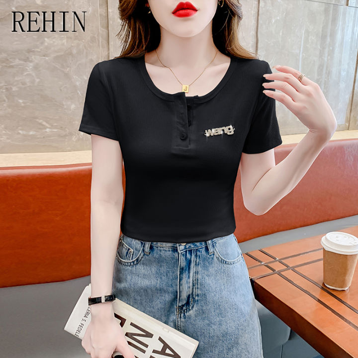 rehin-เสื้อยืดแขนสั้นผู้หญิง-เสื้อยืดแฟชั่นระดับไฮเอนด์หวานใหม่ฤดูร้อน