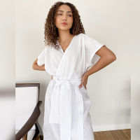 Hiloc White Cotton Dresses Short Batwing Sleeve Spring Bathrobes Mid-Calf Night Dress Women Kimono Dressing Gown 2022 Spring