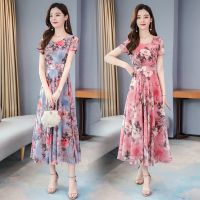 women dress korea Ice silk short sleeve floral r elegant party longdress