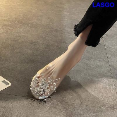 เสื้อนอกลูกปัดใสเงินแฟชั่น Baotou รองเท้าเปิดส้นของผู้หญิง2023รองเท้าแตะตาข่าย Ins
