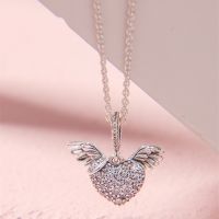 Gift Pave Heart Angel Wings pandora Necklace 925 Sterling Silver Jewelry chain Pendant Necklaces For Woman silver 925 Jewelry