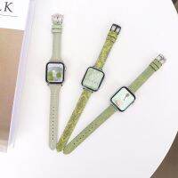 พร้อมส่ง จาก ?? สายหนัง PU เส้นเล็ก สีเขียวพิมพ์ลาย สายนาฬิกา ใช้ได้กับ Watch series 7 6 5 4 3 2 1 X8Max HW37 HW23Plus T500 38mm 40mm 41mm 42mm 44mm 45mm