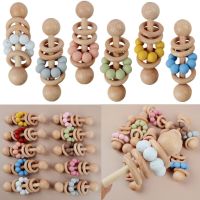 Safe Beech Wooden Baby Rattle Hand Bells Toys BPA Free Silicone Beads Newborn Chewing Shaking Mobile Rattle Baby Sensory Toy Bowl Fork Spoon Sets