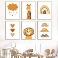 Boho Chic Giraffe Lion Feather Heart Rainbow Nursery Wall Art ภาพวาดผ้าใบ Nordic โปสเตอร์และพิมพ์ภาพผนัง Kids Room Decor