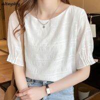 Blouse Women White Fairy Fashion Summer Thin Short Sleeve Simple All-match O-neck Korean Style Sweet Leisure Comfort Female New