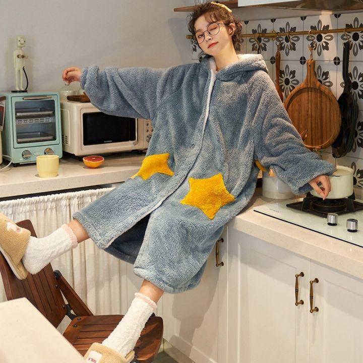xiaoli-clothing-kawaii-ชุดนอนสำหรับวัยรุ่นหญิง-flannel-เสื้อคลุมอาบน้ำฤดูหนาวที่อบอุ่นการ์ตูนชุดนอนชุดนอนเสื้อคลุมกางเกงผู้หญิงชุดนอน-drop-ship