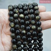 Smooth Gold Obsidian Natural Stone Round Beads for Jewelry Making 15" Strand 4 6 8 10 12 14MM DIY Bracelet Necklace Accessories Wires  Leads Adapters