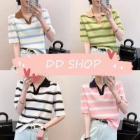 DD SHOPพร้อมส่ง  79001 เสื้อไหมพรมแขนสั้นคอปก ดีเทลลายทางน่ารักสีพาสเทล  -C