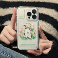 IPhone Case HD Acrylic Hard Case High Clear Case Luxury Metal Button Protection Camera Shockproof Cute Tulip Puppy Compatible with IPhone 14 Pro Max 13 Pro Max