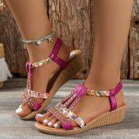 Women Wedge Sandals 2023 Summer New Bohemia Style High Heels Fashion Open Toe Rhinestones Elastic Strap Outdoor Dressy Sandals