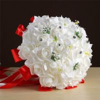 Wedding Bride Crystal Ribbon Artificial Rose Hand Bouquet