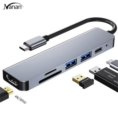 ตัวแปลงแบบหลายพอร์ตฮับ USB 6-In-1 RJ45ตัวอ่านบัตร TF SD/PD ชาร์จเร็วใช้ได้กับ MacBook และแล็ปท็อป
